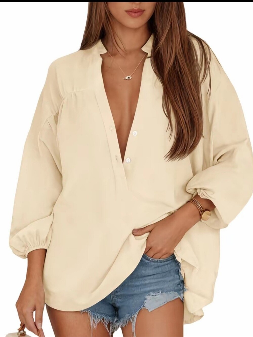 Khaki V-Neck Button Front Women's Top - Unbranded